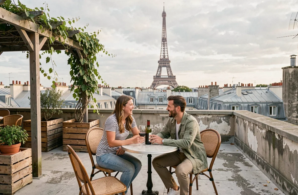 Couple attablé sur une terrasse rooftop insolite à Paris avec vue imprenable sur la tour Eiffel et les toits haussmanniens