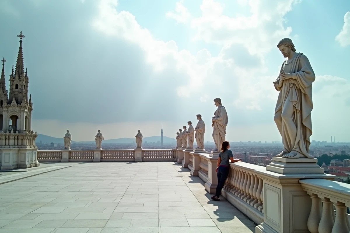 Terrasse du toit du Dôme de Milan avec statues en marbre blanc et flèches gothiques sous un ciel nuageux dramatique