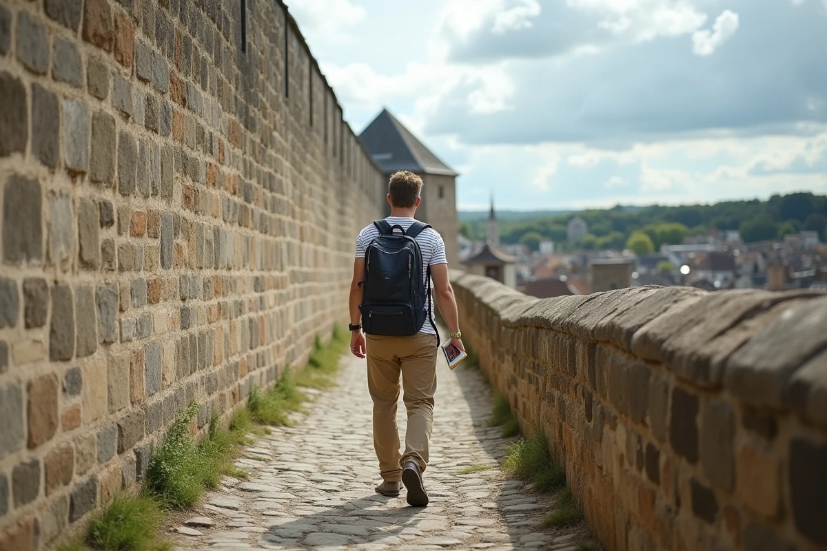 Touriste se promenant le long des remparts gallo-romains de la Cité Plantagenêt au Mans
