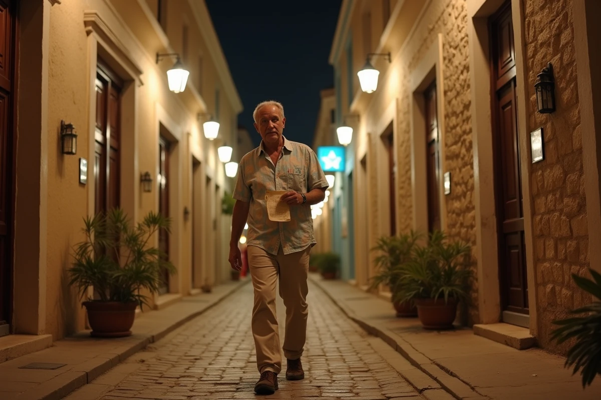 Homme moyen&acirc;geux marchant dans une rue pav&eacute;e de Zanzibar la nuit