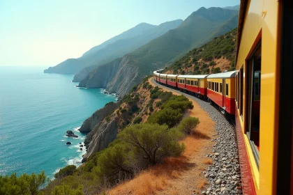 Train panoramique jaune et rouge longeant les falaises côtières entre Île-Rousse et Calvi en Corse