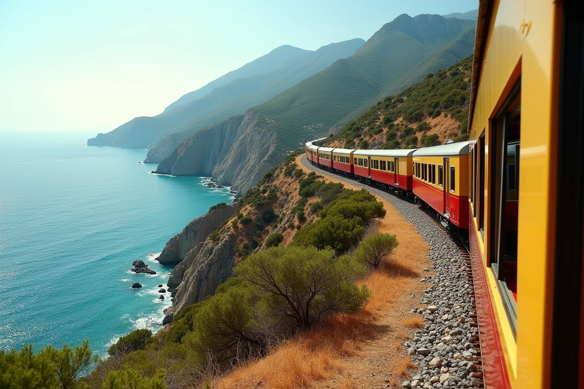 Train panoramique jaune et rouge longeant les falaises côtières entre Île-Rousse et Calvi en Corse
