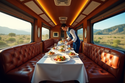 Intérieur d'un train de luxe avec sièges en cuir panoramique