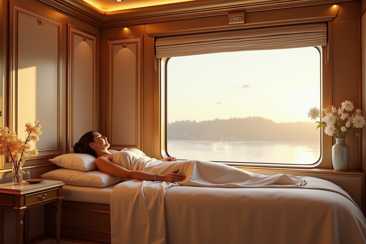 Espace spa dans un train avec passager recevant un massage