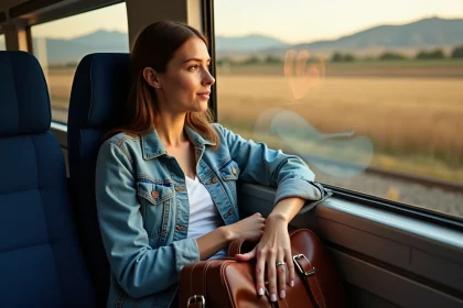 Femme en train entre Los Angeles et San Francisco regardant le paysage californien depuis sa fen&ecirc;tre