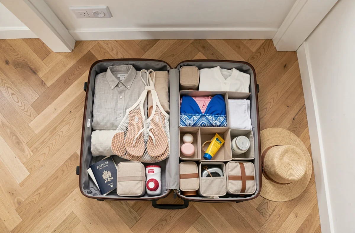 Vue aérienne d'une valise 15kg ouverte et parfaitement organisée avec des vêtements d'été, cubes de rangement et accessoires de voyage