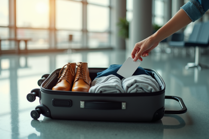 Valise ouverte sur le sol de l'aéroport avec vêtements et accessoires