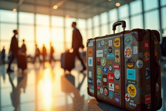 Valise vintage colorée dans un aéroport en mouvement