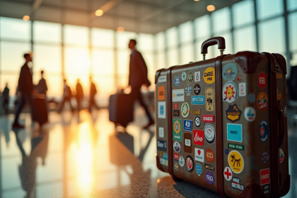 Valise vintage colorée dans un aéroport en mouvement