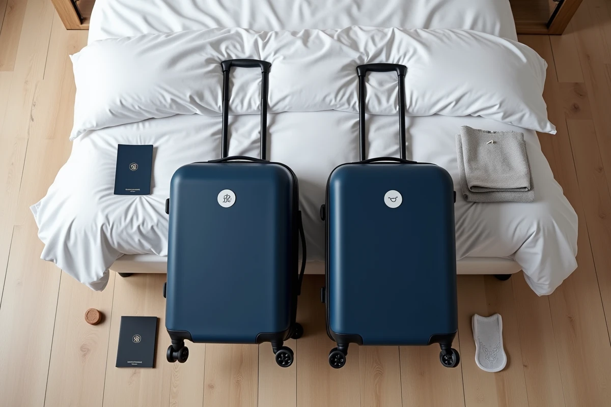 Deux valises bleues assorties avec autocollants minimalistes disposées en flat-lay dans une chambre d'hôtel scandinave
