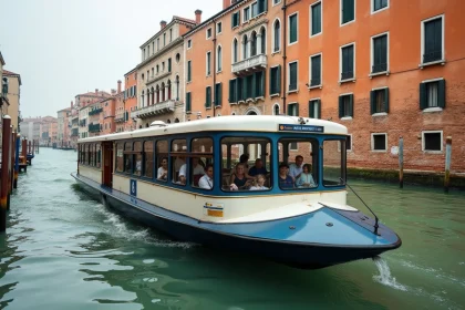 Vaporetto de la ligne 1 naviguant sur le Grand Canal à Venise avec des passagers à bord et les palais historiques en arrière-plan