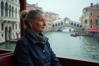 Femme regardant le canal de Venise depuis un vaporetto