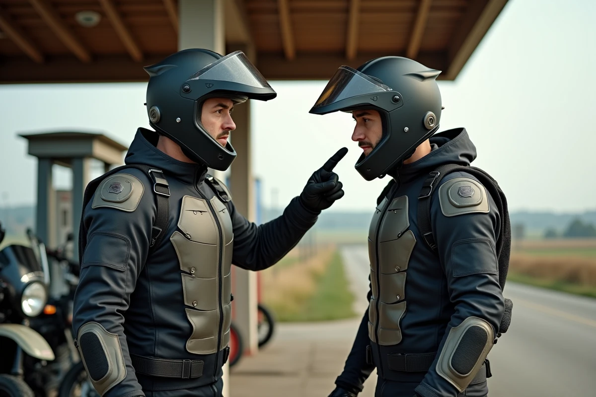 Deux motards inspectant une visière de casque endommagée lors d'un arrêt à la station-service pendant un road trip, importance de vérifier l'équipement de sécurité moto