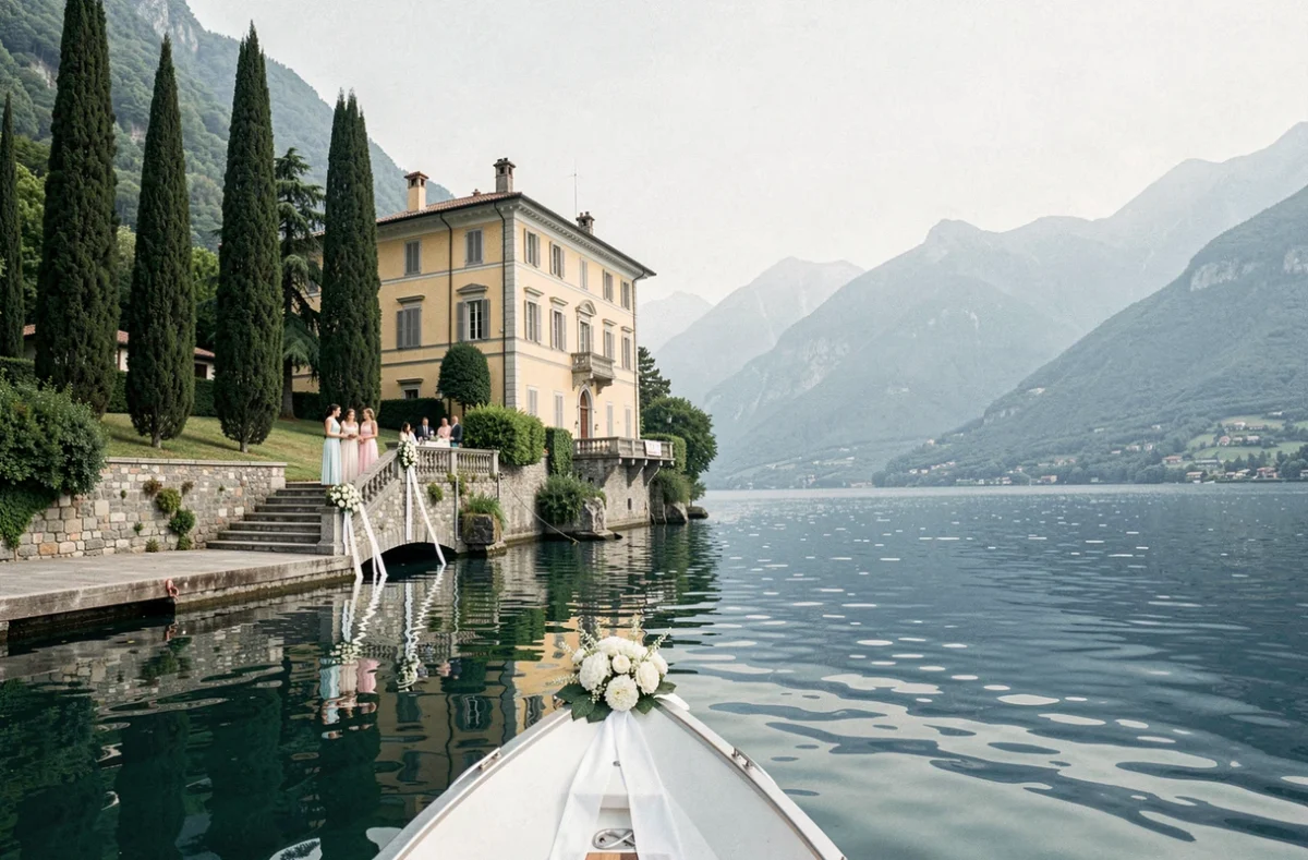 Vue extérieure de la Villa del Balbianello depuis le lac avec décoration florale pour un mariage sur l'embarcadère privé