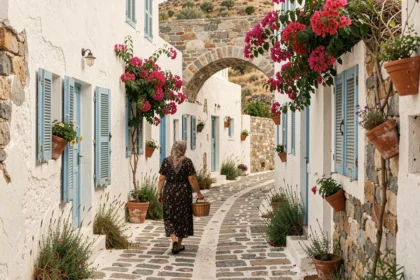 Ruelle pavée authentique du village de Kythira avec une vieille femme grecque portant un panier en osier sous des bougainvillées