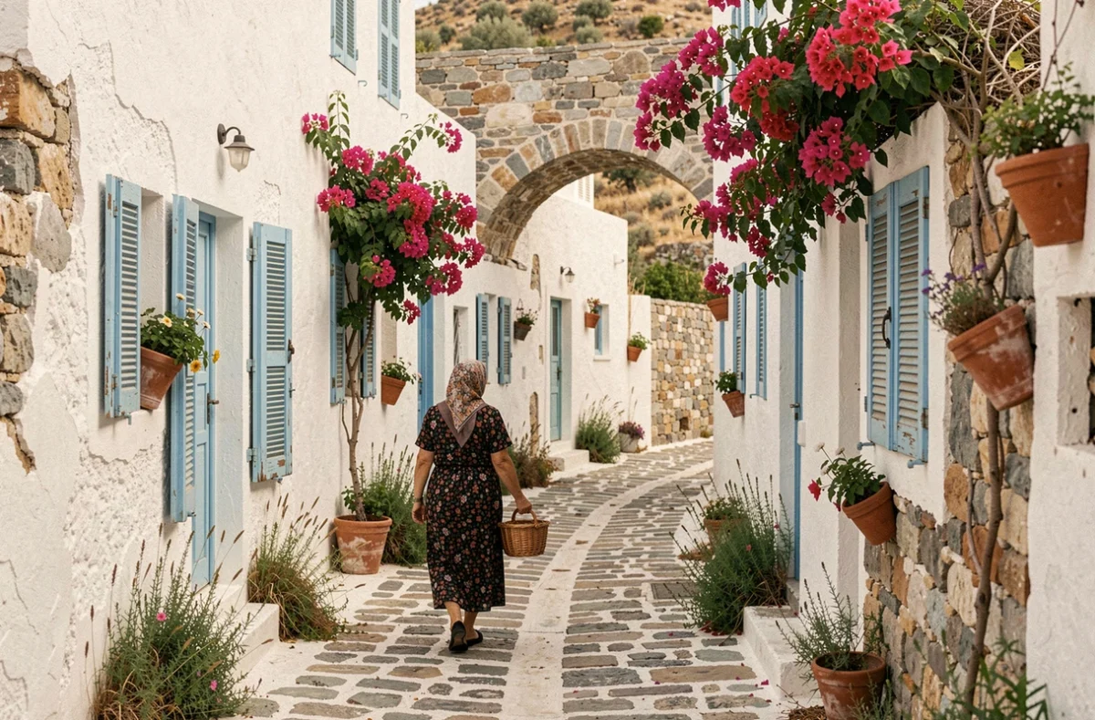Ruelle pavée authentique du village de Kythira avec une vieille femme grecque portant un panier en osier sous des bougainvillées