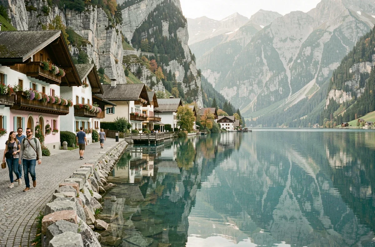 Village alpin de Hallstatt en Autriche avec ses maisons colorées au bord du lac et ses falaises calcaires en arrière-plan