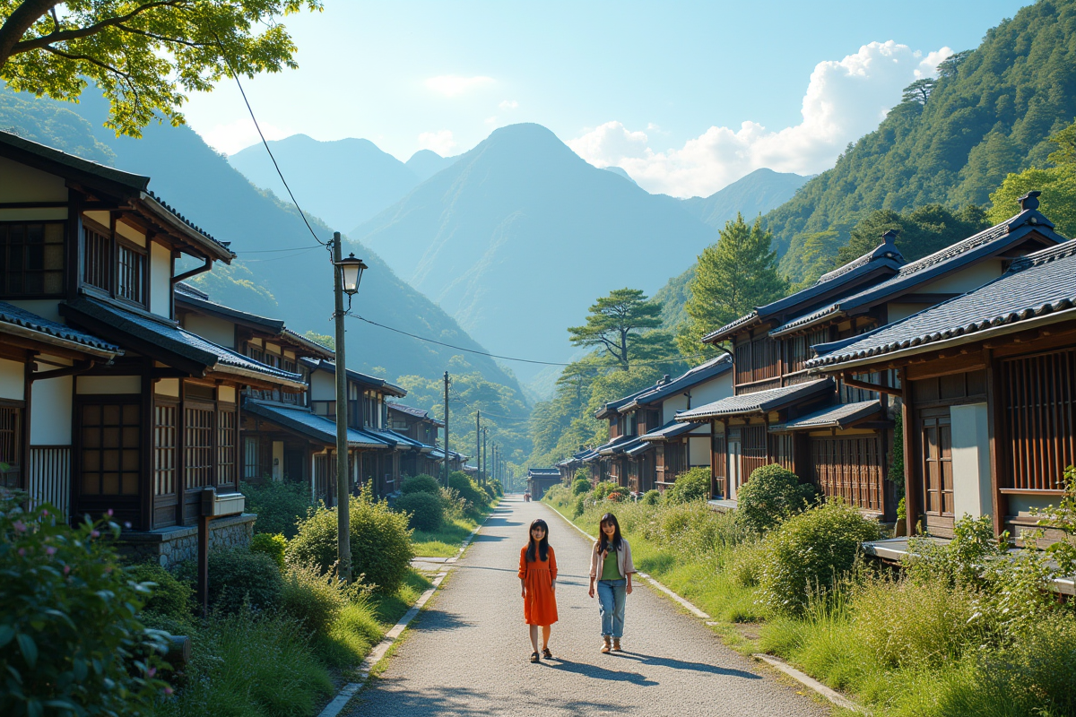 Village de montagne japonais avec maisons traditionnelles et enfants