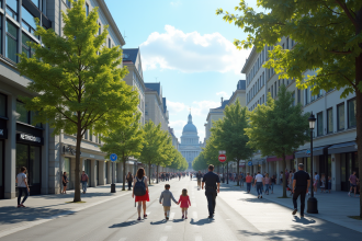 Rue paisible en ville européenne en journée avec familles et policiers
