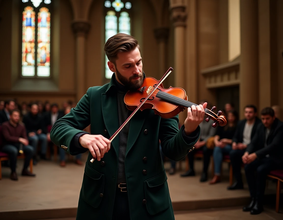 Musicien en manteau de velours jouant du violon baroque dans une &eacute;glise convertie en salle de concert, symbole du mouvement Barock and roll