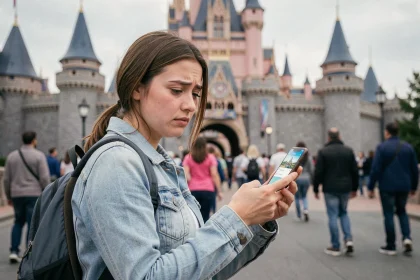 Visiteuse consultant l'application FastPass sur son smartphone devant l'entrée d'Eurodisney Paris, illustrant une erreur courante de planification