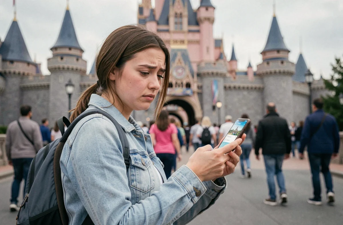 Visiteuse consultant l'application FastPass sur son smartphone devant l'entrée d'Eurodisney Paris, illustrant une erreur courante de planification