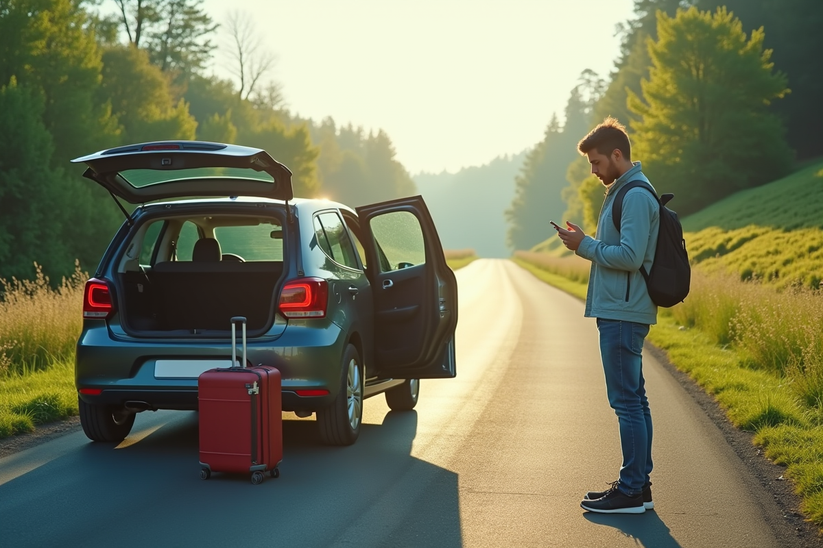 Voiture vide avec bagages et personne regardant son téléphone