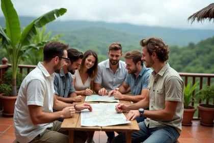 Petit groupe de voyageurs adultes consultant une carte sur une terrasse tropicale lors d'un voyage Aguila OneStrip