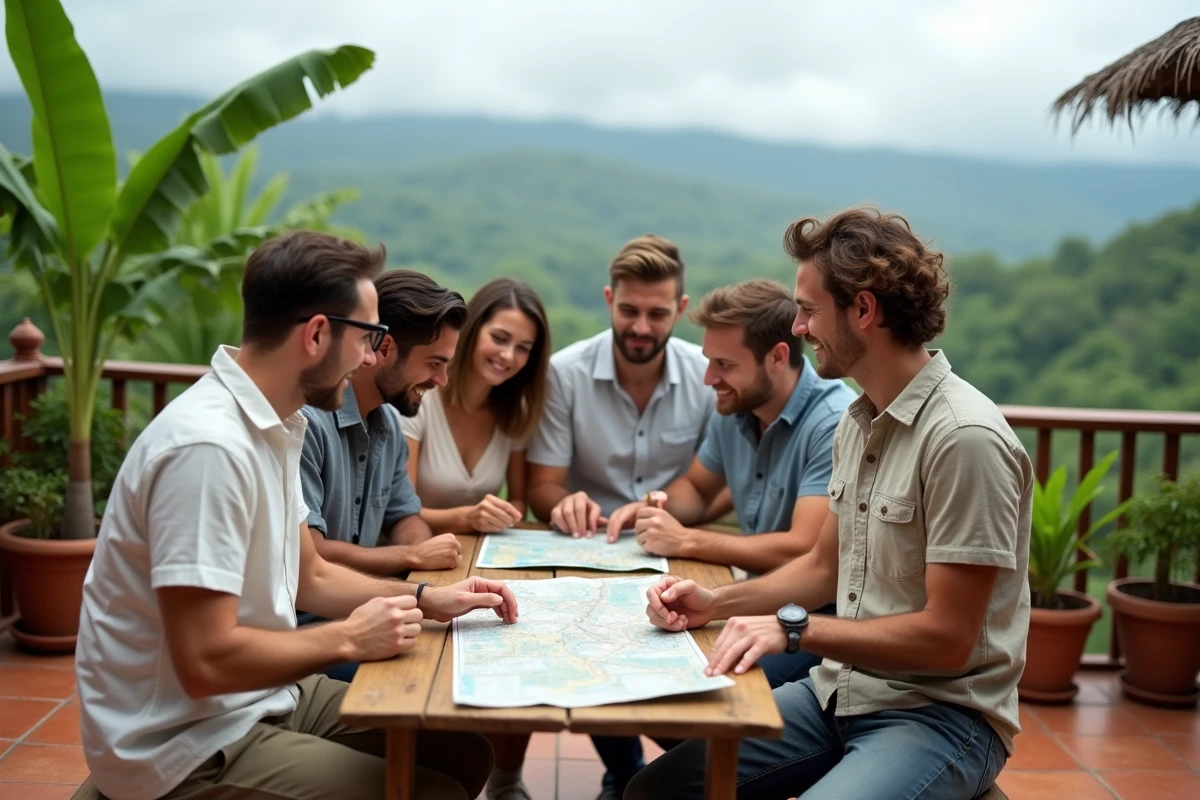 Petit groupe de voyageurs adultes consultant une carte sur une terrasse tropicale lors d'un voyage Aguila OneStrip