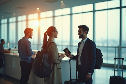 Voyageur souriant devant le comptoir d'enregistrement à l'aéroport