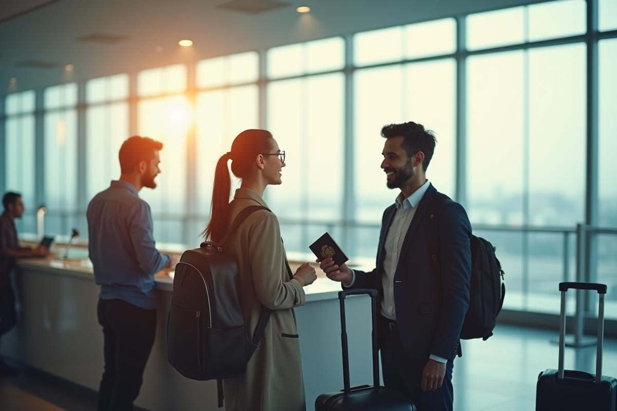 Voyageur souriant devant le comptoir d'enregistrement à l'aéroport