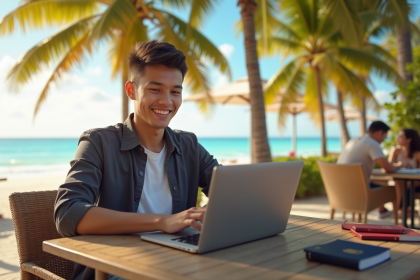 Jeune professionnel au café avec ordinateur et plage tropicale