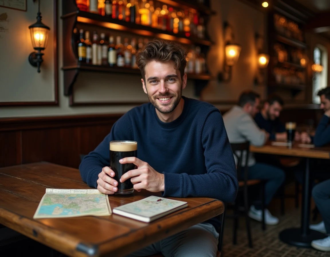 Voyageur solo attablé dans un pub traditionnel de Dublin avec une pinte de stout et une carte de la ville