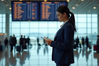 Voyageuse consultant son billet devant le tableau des départs d'un aéroport international pour un vol Paris Sydney