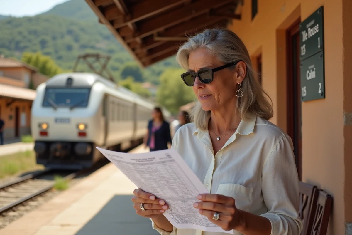 Voyageuse consultant les horaires du train Île-Rousse Calvi sur un quai de gare en Corse