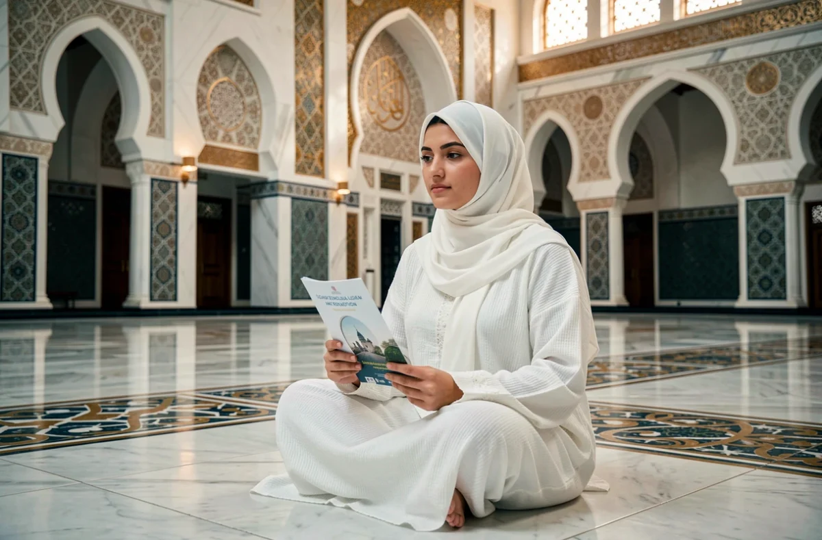 Voyageuse solo en abaya blanche visitant une mosquée à Dubaï lors du ramadan dans un cadre respectueux et solennel