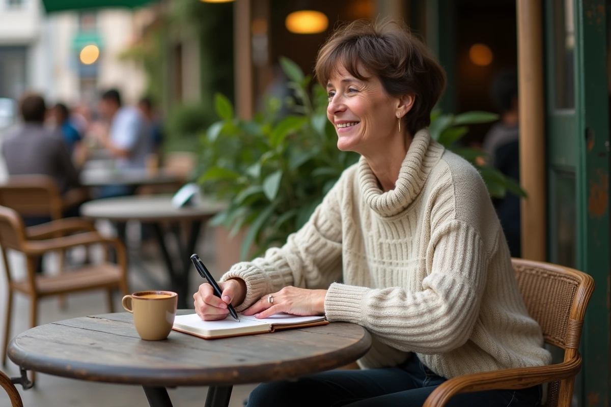 Voyageuse solo écrivant dans son journal dans un café en plein air pendant un voyage en petit groupe Aguila OneStrip