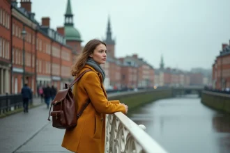 Voyageuse solo sur le Ha'penny Bridge de Dublin, regardant la rivière Liffey avec un manteau moutarde et un sac à dos en cuir