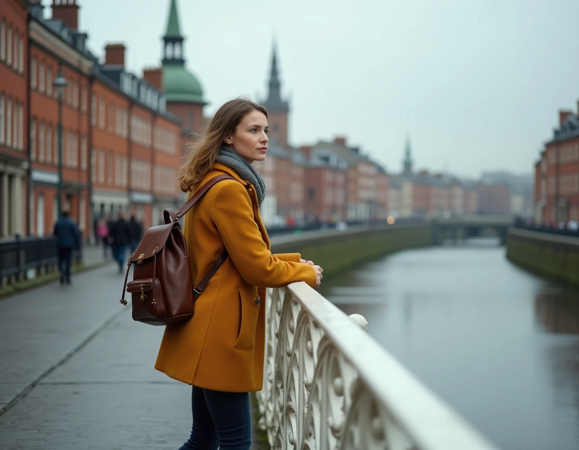 Voyageuse solo sur le Ha'penny Bridge de Dublin, regardant la rivière Liffey avec un manteau moutarde et un sac à dos en cuir