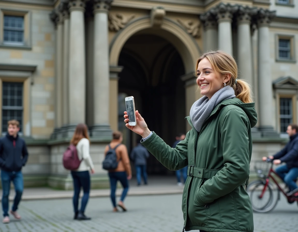 Voyageuse solo photographiant l'entrée principale du Trinity College Dublin avec un sourire enthousiaste