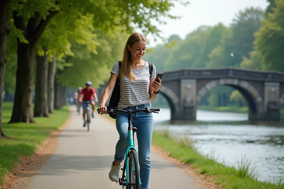 Voyageuse à vélo en libre-service sur les bords de la Sarthe au Mans consultant son téléphone