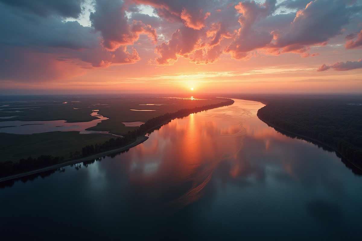 Loire vue du ciel au coucher du soleil avec nuages colorés et îlots