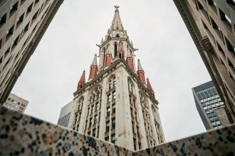 Vue en contre-plongée de la flèche néogothique du Woolworth Building à Manhattan, détails en terre cuite et gargouilles visibles