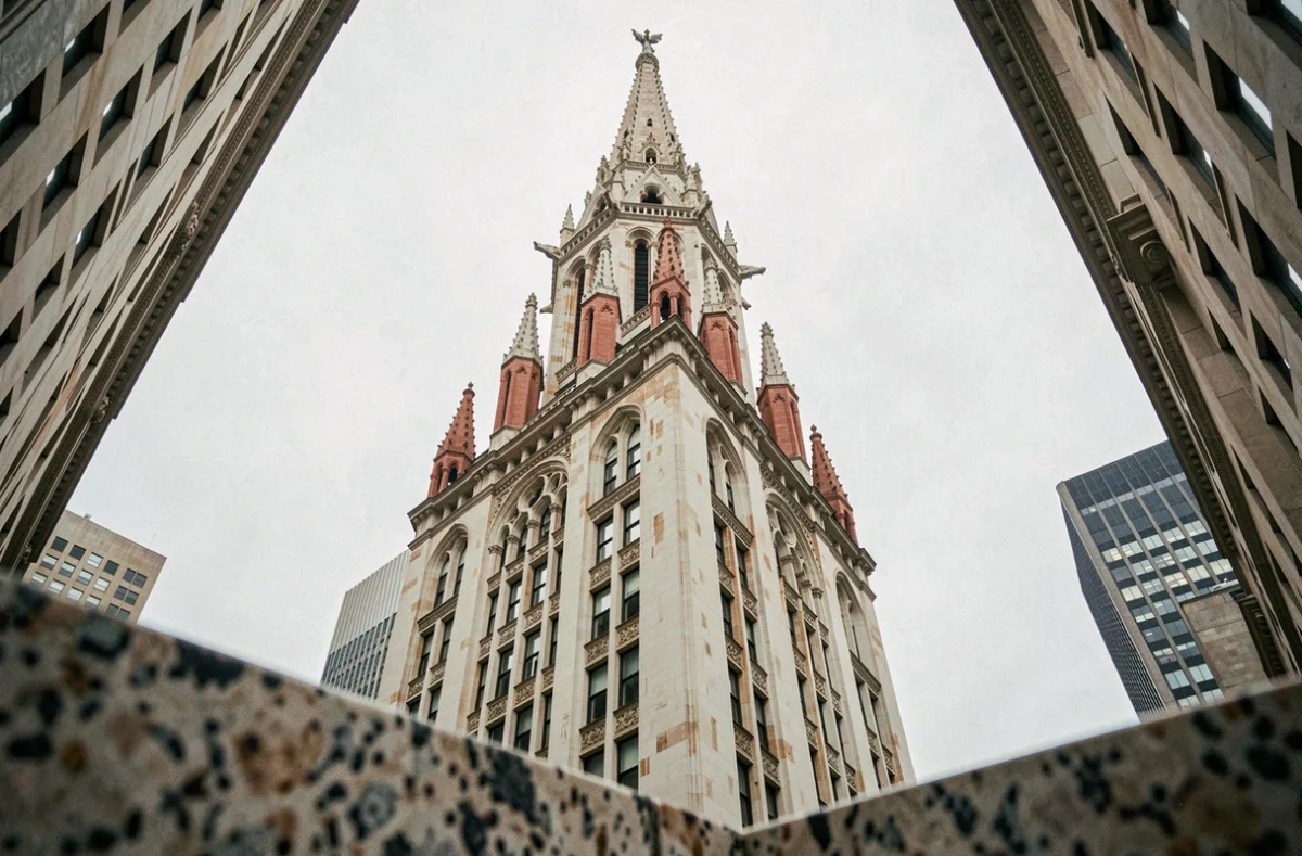 Vue en contre-plongée de la flèche néogothique du Woolworth Building à Manhattan, détails en terre cuite et gargouilles visibles