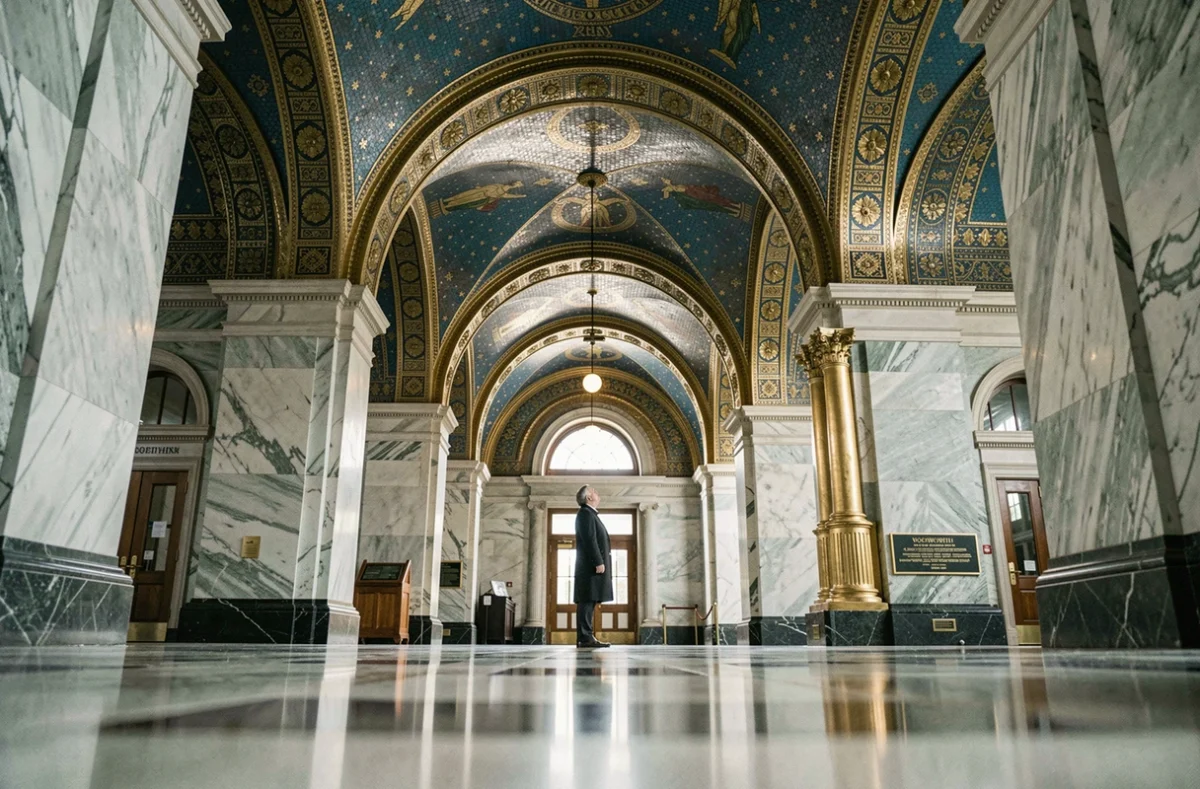 Intérieur du hall du Woolworth Building avec ses mosaïques byzantines, arches dorées et plafond voûté ornemental