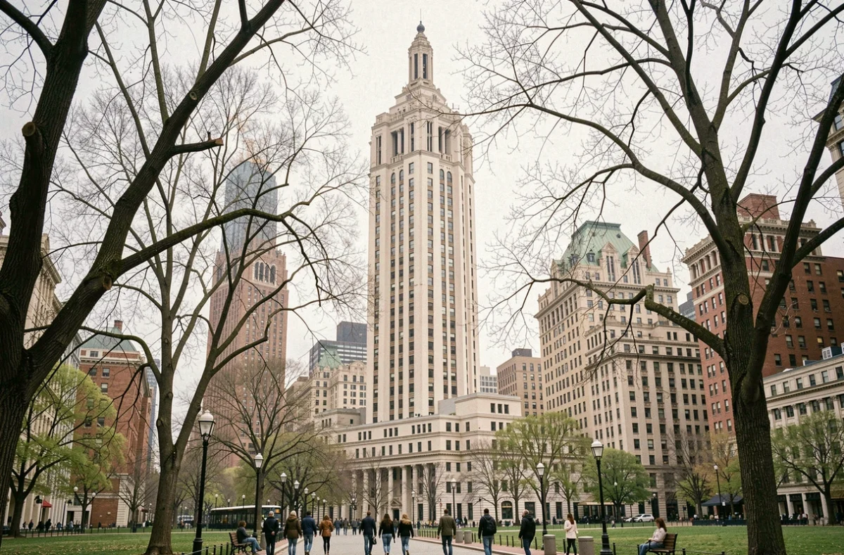 Vue d'ensemble du Woolworth Building depuis City Hall Park, entouré d'arbres printaniers avec des passants new-yorkais au premier plan
