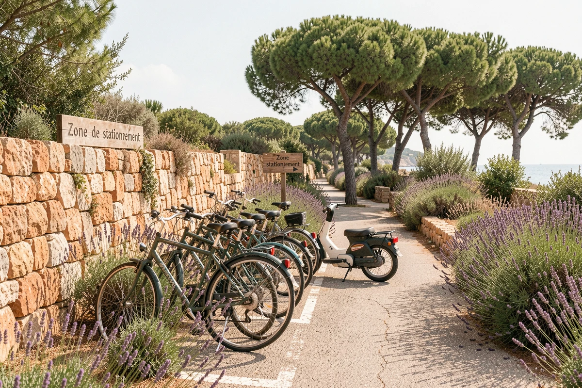 Zone de stationnement vélos et scooters sur un chemin pavé de l'île de Porquerolles entouré de végétation méditerranéenne