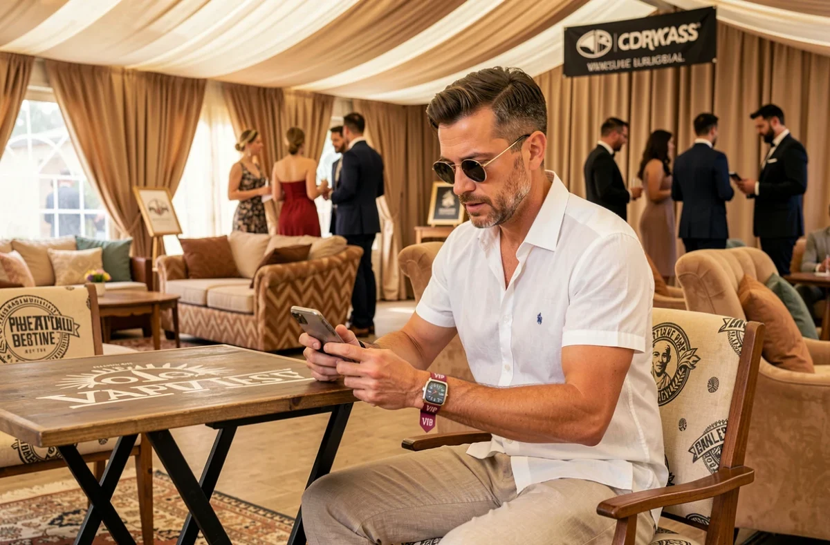 Festivalier en zone VIP Coachella consultant les options de packages premium sur son téléphone